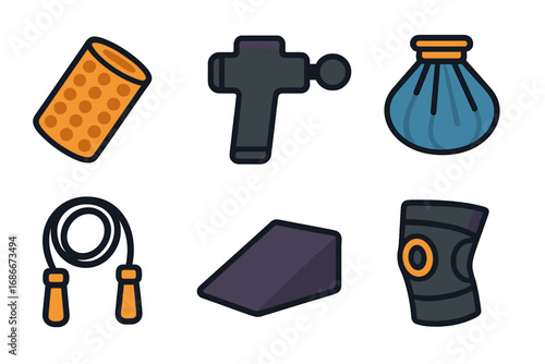 Fitness recovery and physical therapy equipment icon set. Vector illustration of a foam roller, massage gun, ice pack, rope, pillow, and knee brace. Sports medicine concept.