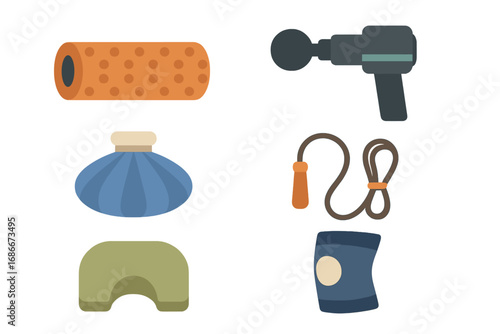 Fitness recovery tools and gym equipment icon set. Flat vector illustration of foam roller, massage gun, ice pack, jump rope, pillow, knee brace for muscle pain relief.
