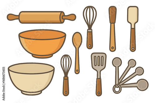 Kitchen tools and baking utensils vector icon set. Cooking equipment cartoon illustration. Rolling pin, bowl, whisk, spatula, measuring spoons for home food preparation.