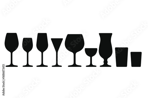 Silhouette wine and cocktail glasses set in minimalist style, vector cartoon illustration with transparent background, ordered elegant glassware collection for drinks and bar decor
