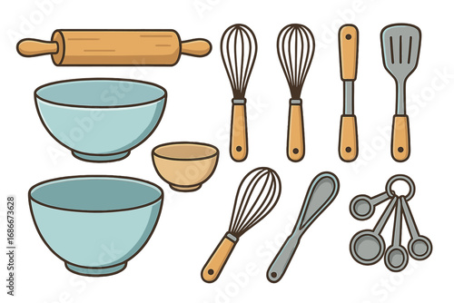 Kitchen tools and baking utensils set. Vector cartoon illustration of cookware and equipment for cooking. Rolling pin, bowl, whisk, spatula and measuring spoons isolated.