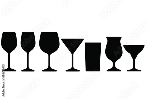 Silhouette of wine glasses and cocktail glasses set in minimalist style, vector cartoon illustration with transparent background, ordered glassware collection for bar and party design