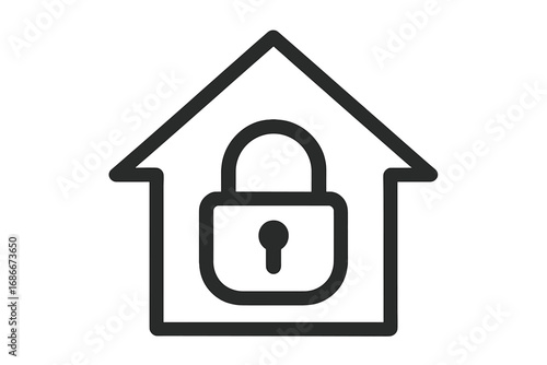 House and lock icon. Home security system concept. Property protection, safety, privacy symbol. Secure real estate sign. Linear pictogram for web, app. Vector illustration.