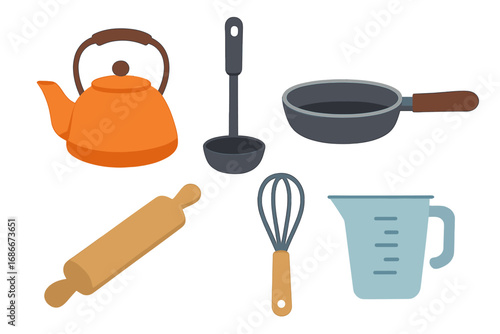 Kitchen tools vector icon set with teapot, ladle, pan, rolling pin, whisk, measuring cup. Flat cartoon illustration for cooking, baking, and culinary concepts. Cookware collection.