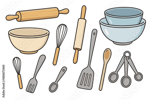 Kitchen tools vector set for cooking and baking. Cartoon collection of utensils like rolling pin, bowl, whisk, and spatula. Cookware and kitchenware equipment clipart.