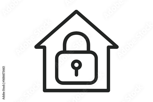 Home security icon. House and lock. Property protection concept. Real estate safety. Secure mortgage. Private property. Insurance symbol. Quarantine. Stay home. Vector line art.