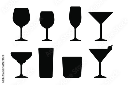 Silhouette set of minimalist wine and cocktail glasses in black vector style, elegant barware collection with transparent background, modern drinking glass icons for design use
