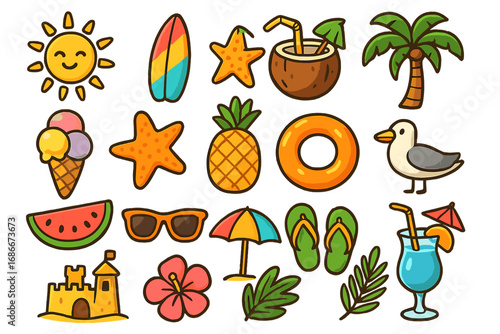 Cute cartoon summer beach icon set. Collection of doodle vector elements for tropical travel and vacation. Sun, palm, surfboard, ice cream, pineapple, cocktail, sandcastle.