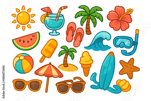 Big set of colorful summer icons. Tropical beach vacation and travel elements. Vector cartoon illustration collection with sun, palm, cocktail, wave, surfboard and ice cream.