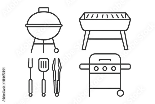 Minimalist line art vector set of barbecue grills and utensils, outdoor cooking equipment illustration with transparent background, cartoon style grill tools collection for cooking and summer leisure