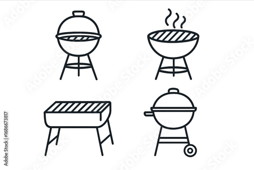 Minimalist line art vector illustration of grills and barbecue set in cartoon style with transparent background, ordered set for cooking, outdoor, picnic, summer, and BBQ party design