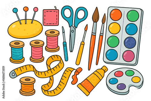 Craft supplies set for creative projects. Vector cartoon illustration of sewing and painting tools. Tailor and artist equipment for handmade hobbies and DIY. Isolated collection.