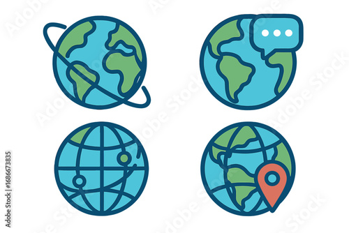 Globe icon set for global communication, navigation and network. Earth planet vector signs with location pin, chat bubble, and gps route. World map symbol collection illustration.
