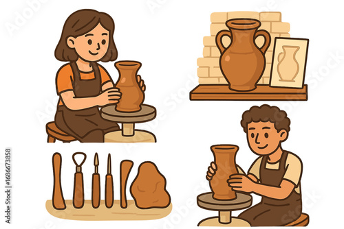 Pottery workshop vector cartoon illustration set. Man and woman characters making clay pots on a potter's wheel. Creative hobby, art class, handmade ceramics craft concept icons.