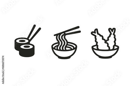 Asian food icons set. Japanese cuisine vector line symbols for restaurant menu. Minimalist graphic illustration of sushi rolls, ramen noodles bowl, and shrimp tempura with chopsticks.