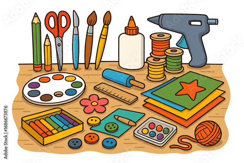 Art and craft supplies collection for creative hobbies and DIY projects. School education tools on a desk. Vector illustration for handmade workshop, creativity, and children's activities.
