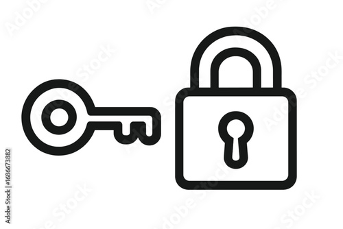 Key and lock line icon for security and access. Concept of unlocking a solution, password protection, and privacy. Metaphor for safety, login, private data and encryption.