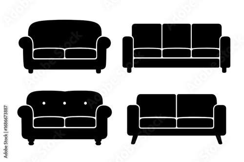 Simple black and white sofa silhouettes collection, vector cartoon illustration set with transparent background, modern and classic couch designs, home furniture icons