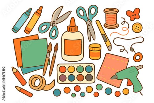 Vector cartoon set of craft supplies for DIY projects. Art tools collection for creativity, hobby and handmade work. Scissors, glue, paint, paper for school or workshop.