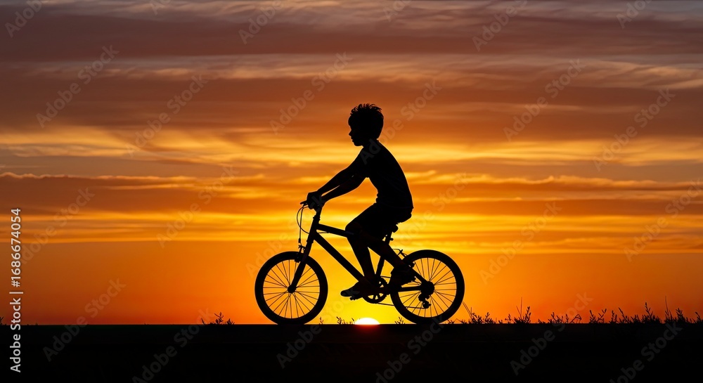 Fototapeta premium Silhouette of a boy riding his bicycle against a vibrant sunset backdrop