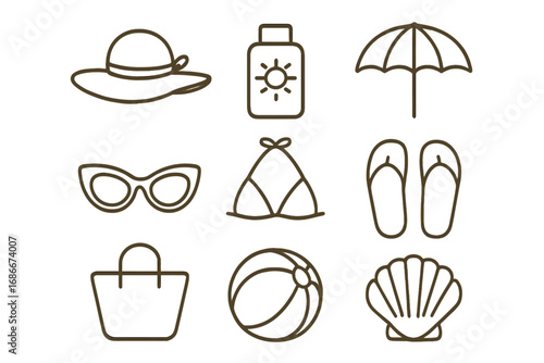 Minimalist beach icons set. Summer essentials in linear design. Vector clip art collection. Sun hat, sunscreen, umbrella, sunglasses, bikini, flip-flops, bag, ball, shell. Vacation.