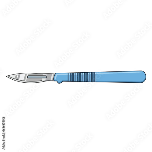 Blue handled surgical scalpel with a sharp silver blade, a medical instrument used for precise cutting in operations.