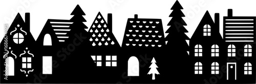 Black silhouette village skyline with houses, trees and buildings. Winter town cityscape illustration. Holiday Christmas architectural design element vector.