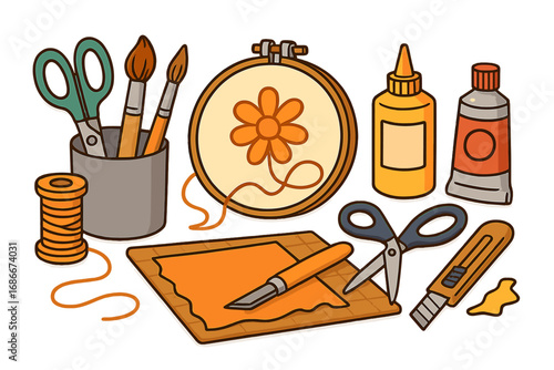 Craft supplies set for creative hobby and DIY projects. Handmade workshop concept with tools for sewing, embroidery, painting, and cutting. Vector cartoon illustration collection.