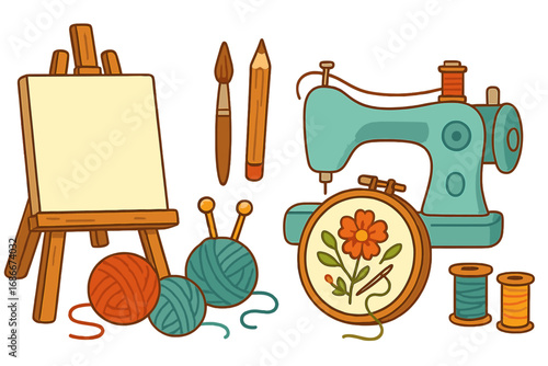 Craft hobby tools set for handmade workshop. Sewing machine, embroidery hoop, knitting yarn, artist easel, paint brush. DIY creative leisure vector cartoon illustration.