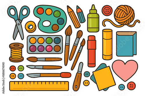 Art and craft supplies collection for hobby and creativity. Vector cartoon icons for school, DIY, handmade projects. Includes paint, brush, scissors, pencil, glue, and thread
