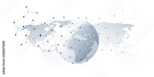 Abstract grey globe with 3d network points and lines connecting continents over a gray world map background. Modern concept for global communication, data transfer, internet and global technology.