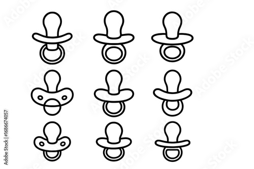 Variety of pacifier outline icons, minimalist baby soothers, vector cartoon set with transparent background, assorted styles, newborn and infant comfort, child care products