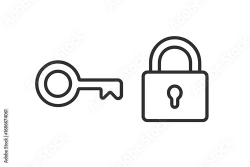 Key and lock line icon. Concept of security, privacy, and data protection. Metaphor for access, unlocking a solution, password, and safety. Minimal vector symbol for logo.