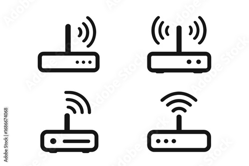 Wireless router icons set in minimalist black and white design, vector cartoon illustrations with transparent background, technology devices collection, signal and connectivity symbols
