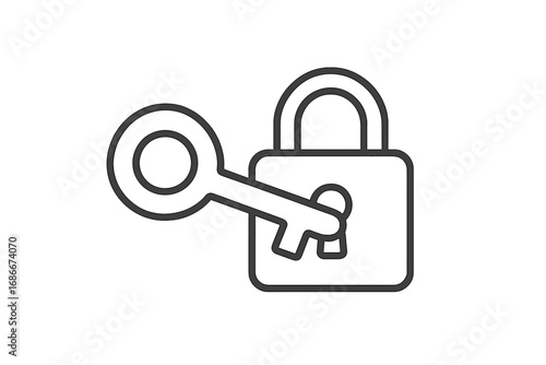 Key in lock icon. Concept of security, access, and unlocking a solution. Minimalistic line art symbol for login, privacy, password, and data protection. Vector illustration.
