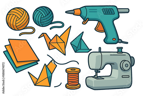 Crafting tools and creative hobby set. Vector icon collection with sewing machine, yarn, glue gun and paper for origami. Handmade DIY concept for workshop or art class.