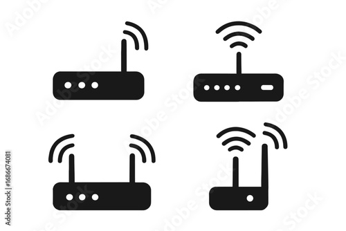 Wireless router icon set in minimalist black and white style, vector cartoon illustrations, seamless transparent background, modern tech symbols, wireless internet concept, network devices collection