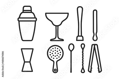 Minimalist cocktail line art set with shaker, glass, muddler, jigger, and other bar tools. Vector illustration of bartender equipment for making drinks. Barware icons collection.