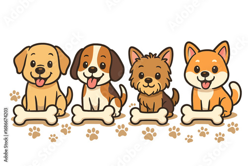 Set of cute cartoon dog characters. Collection of happy puppies of different breeds: labrador, beagle, terrier, shiba inu. Vector illustration for pet shop or veterinary clinic.