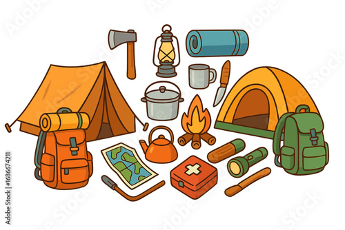 Camping and hiking equipment icon set. Outdoor adventure travel essentials. Vector cartoon illustration with tent, backpack, campfire, map, and survival gear collection.