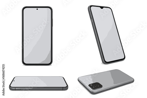 Realistic 3D smartphone mockup set. Mobile phone vector illustration from different angles and views. Cellphone with blank screen for app or web design presentation template.
