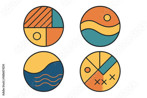 Set of four abstract geometric circle logos. Minimalist round icons with simple patterns. Modern flat design vector elements for branding or decorative concept like sun and sea.