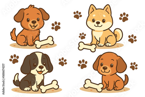 Set of cute cartoon dogs. Collection of happy puppies with bones. Vector illustration of various dog breeds. Pet animal characters for kids. Shiba Inu, Beagle sitting with paws.