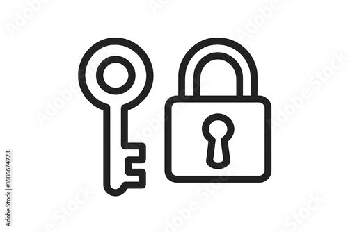 Key and lock icon vector for security and access. Padlock symbol for safety, privacy, and protection. Concept of login, password, and cybersecurity. Simple outline design.
