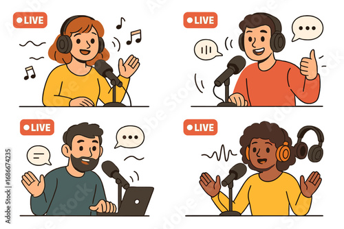 Podcast characters set. People talking into microphone. Live streaming, broadcasting. Radio host, speaker interview. Vector cartoon illustration for web, banner, ads. Audio record.