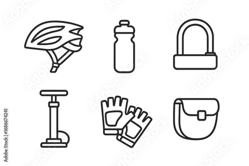 Cycling gear accessories icon set. Bicycle equipment in thin line design. Vector collection helmet, water bottle, lock, pump, gloves, bag. Bike safety and sport elements.