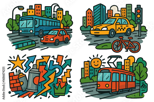 Set of urban transport illustrations. City life concept with cartoon bus, taxi, car, tram and bicycle. Vector street art graffiti doodle. Downtown cityscape collection icons.