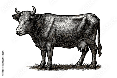 Cow sketch in a vintage woodcut style. Black and white hand-drawn vector illustration. Engraving of a farm animal. Concepts for cattle, dairy, milk, beef, and agriculture.