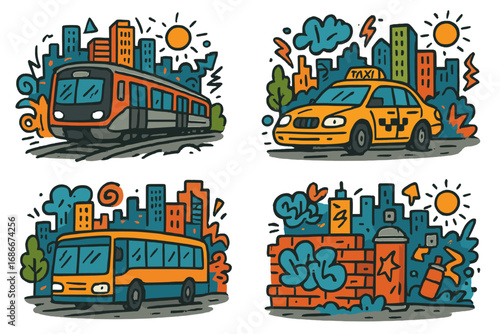 Urban transport illustration set with street art graffiti. Vector cartoon doodles of city life. Public transportation icons with subway, bus, taxi, and city skyline elements.
