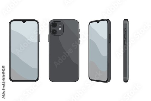 Realistic 3d smartphone mockup from different angles. Vector illustration set of a modern mobile phone with blank screen. Front, back, and side view for app or web design.